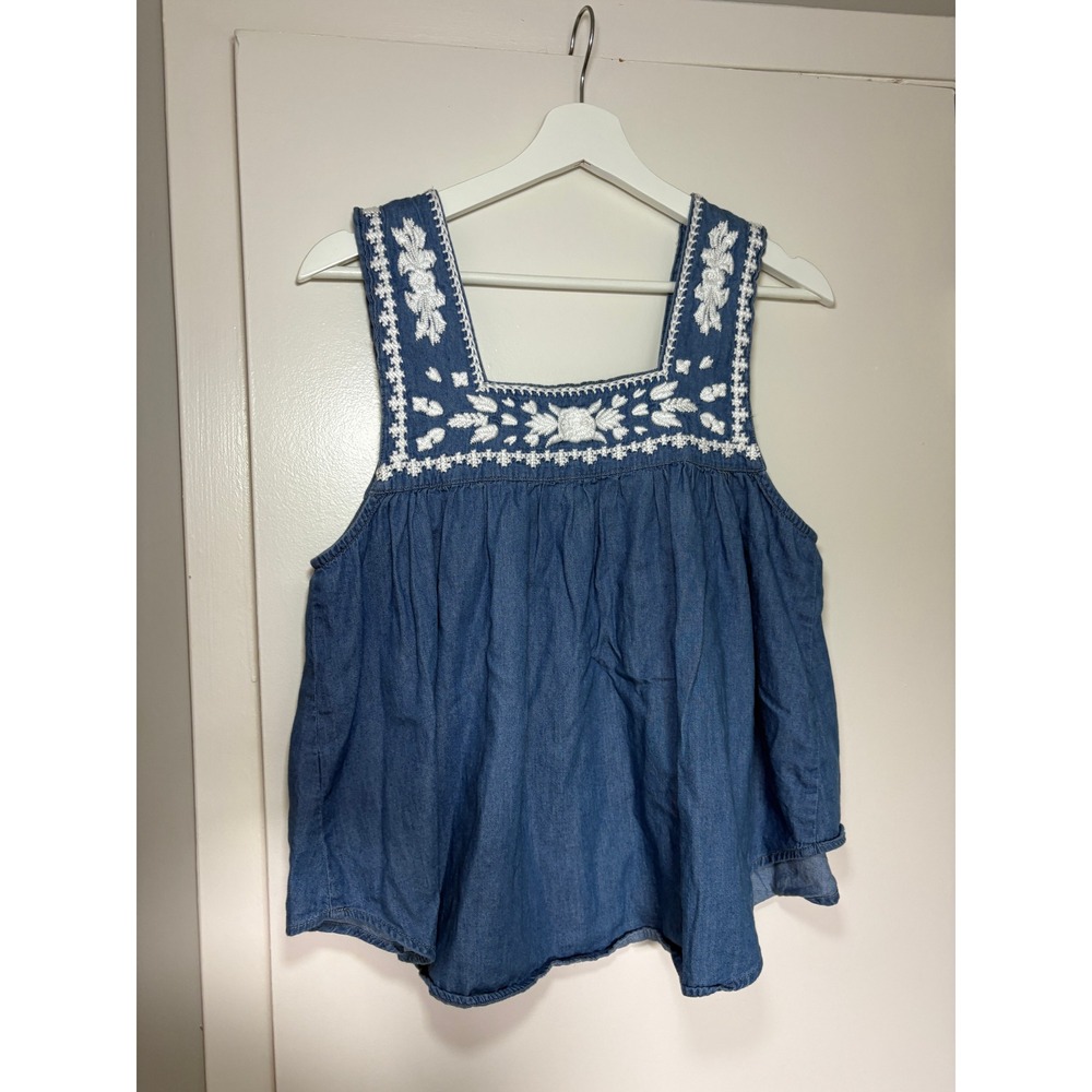 Lovers + Friends Embroidered Denim Tank Top Large Blue Boho Chambray Babydoll